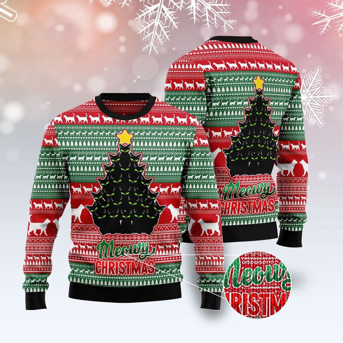 FUNSTUFFPRINT Black Cat Meowy Christmas Ugly Christmas Sweater, Christmas Cat Ugly Sweater, Ugly Cat Xmas Sweater Ugly Sweater