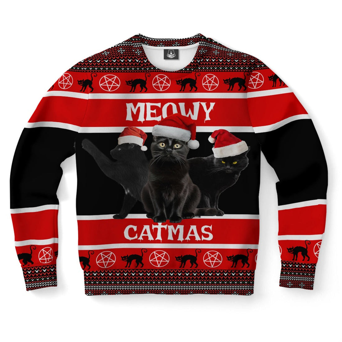 FUNSTUFFPRINT Black Cat Meowy Ugly Christmas Sweater, Christmas Sweater, Ugly Sweater, Funny Xmas Sweaters Ugly Sweater