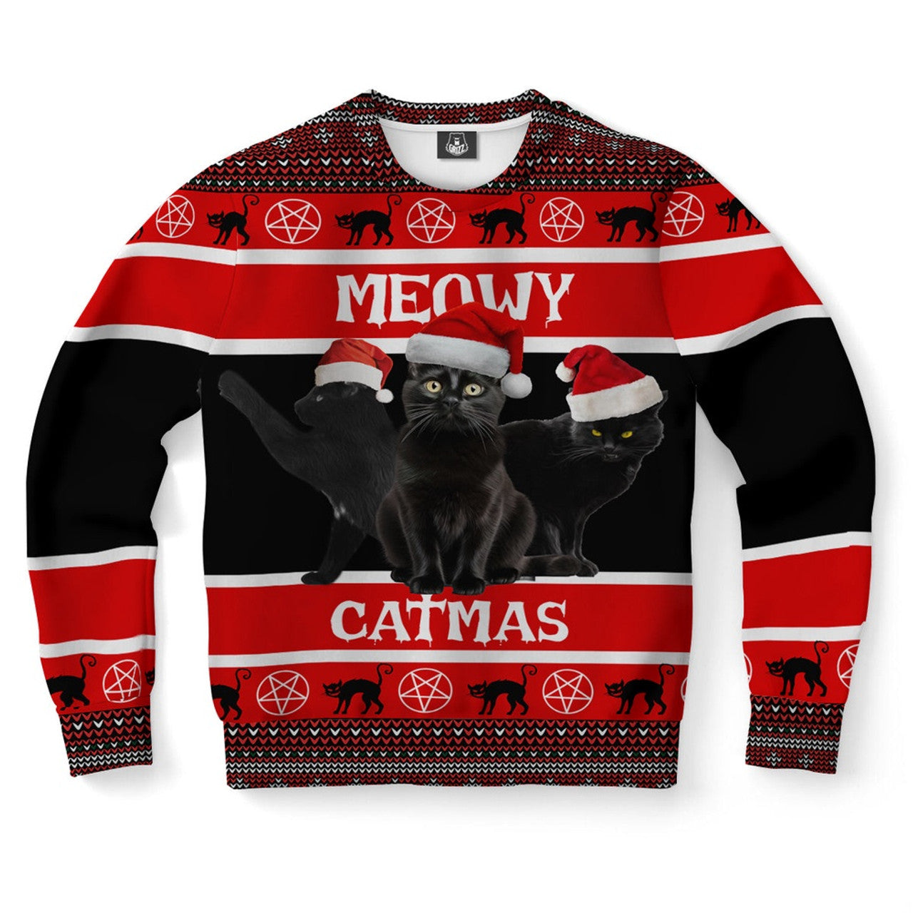 FUNSTUFFPRINT Black Cat Meowy Ugly Christmas Sweater, Christmas Sweater, Ugly Sweater, Funny Xmas Sweaters Ugly Sweater