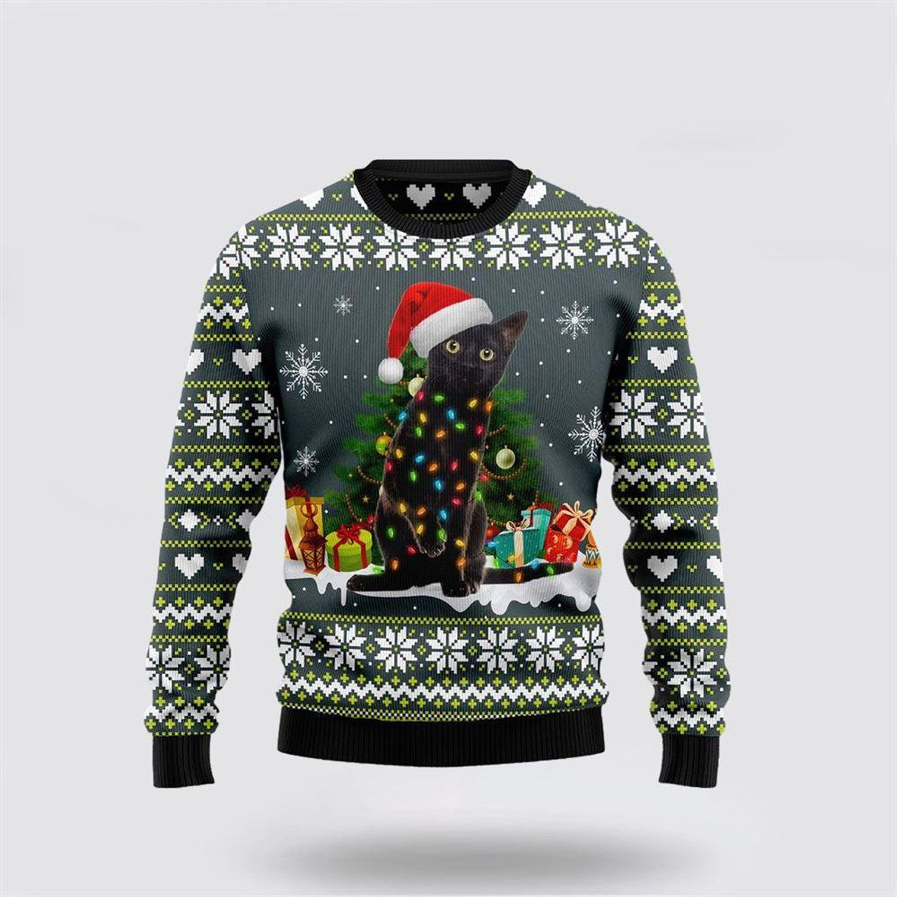 FUNSTUFFPRINT Black Cat Merry And Bright Ugly Christmas Sweater – Cat Lover Christmas Sweater Ugly Sweater