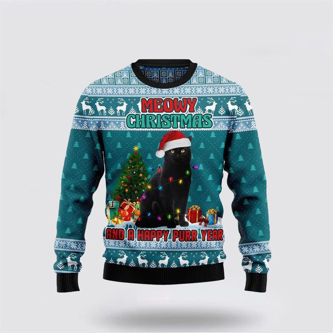 FUNSTUFFPRINT Black Cat Merry Christmas And A Happy Purr Year Ugly Christmas Sweater – Cat Lover Christmas Sweater Ugly Sweater