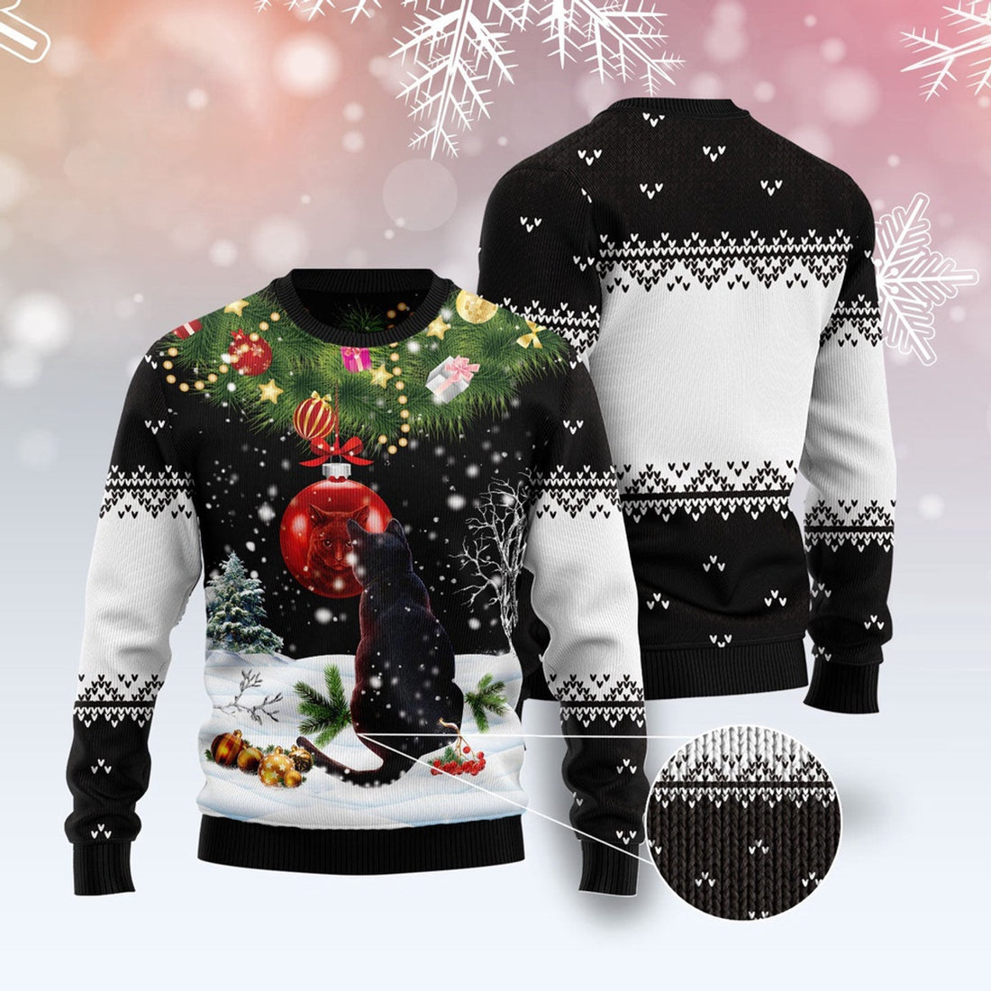 FUNSTUFFPRINT Black Cat Mirror Ugly Christmas Sweater, Christmas Cat Ugly Sweater, Ugly Cat Xmas Sweater Ugly Sweater