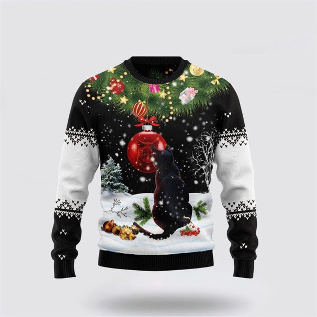 FUNSTUFFPRINT Black Cat Mirror Ugly Christmas Sweater For Men And Women, Best Gift For Christmas, Christmas Fashion Winter Ugly  Sweater