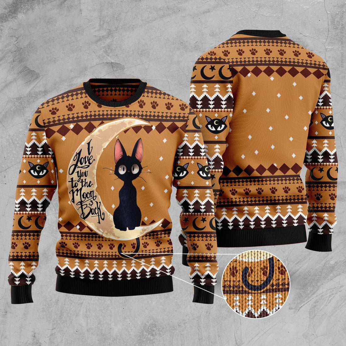 FUNSTUFFPRINT Black Cat Moon And Back Ugly Christmas Sweater, Christmas Cat Ugly Sweater, Ugly Cat Xmas Sweater Ugly Sweater