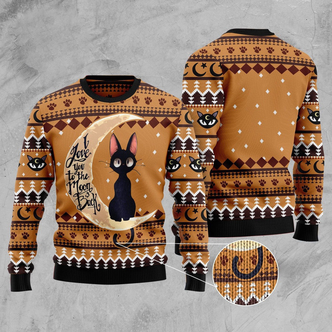 FUNSTUFFPRINT Black Cat Moon And Back Ugly Christmas Sweater, Christmas Cat Ugly Sweater, Ugly Cat Xmas Sweater Ugly Sweater