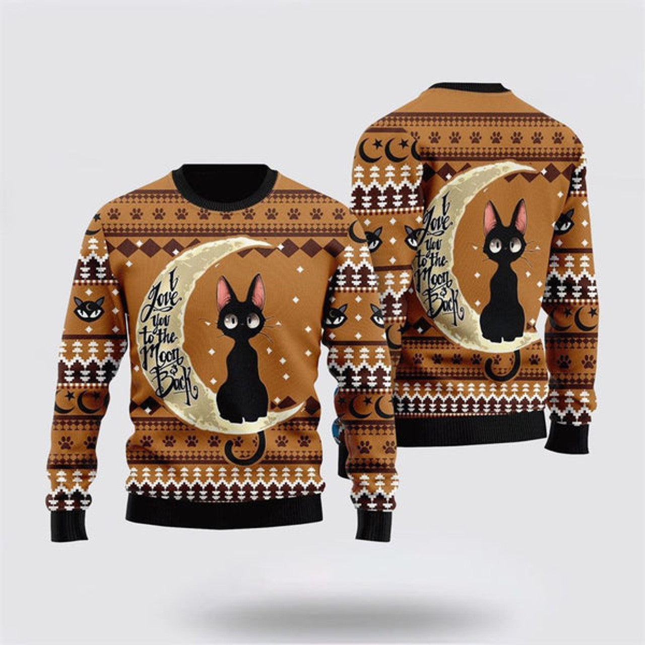 FUNSTUFFPRINT Black Cat Moon And Back Ugly Christmas Sweater For Men And Women, Best Gift For Christmas, Christmas Fashion Winter Ugly  Sweater