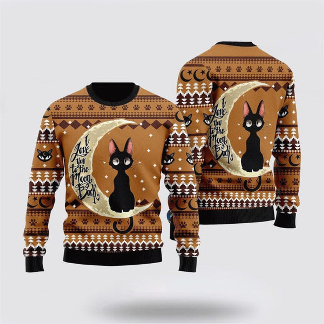 FUNSTUFFPRINT Black Cat Moon And Back Ugly Christmas Sweater For Men And Women, Best Gift For Christmas, Christmas Fashion Winter Ugly  Sweater