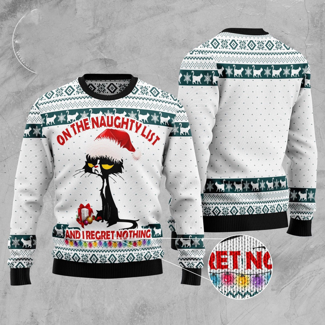 FUNSTUFFPRINT Black Cat Naughty List Ugly Christmas Sweater, Christmas Cat Ugly Sweater, Ugly Cat Xmas Sweater Ugly Sweater