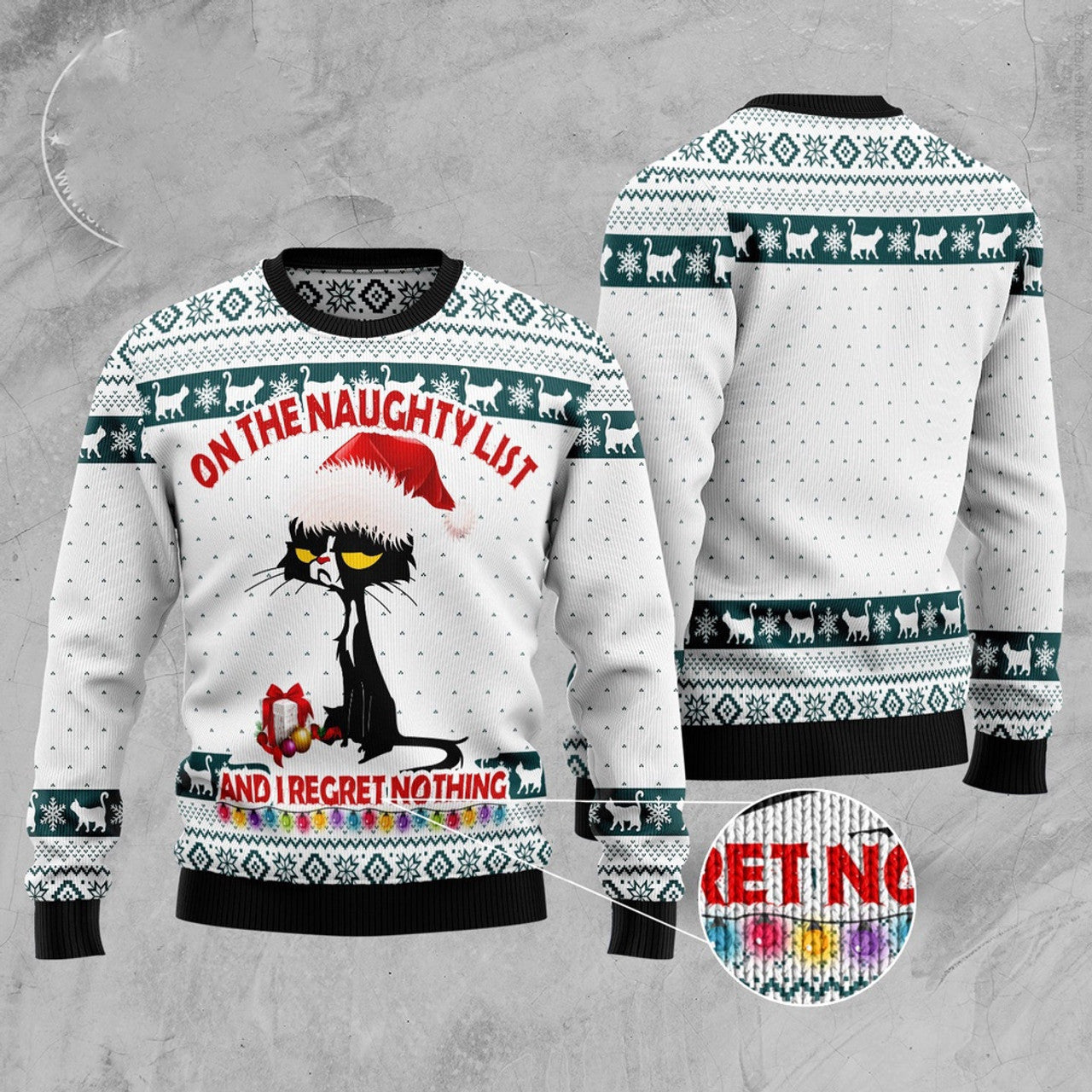 FUNSTUFFPRINT Black Cat Naughty List Ugly Christmas Sweater, Christmas Cat Ugly Sweater, Ugly Cat Xmas Sweater Ugly Sweater
