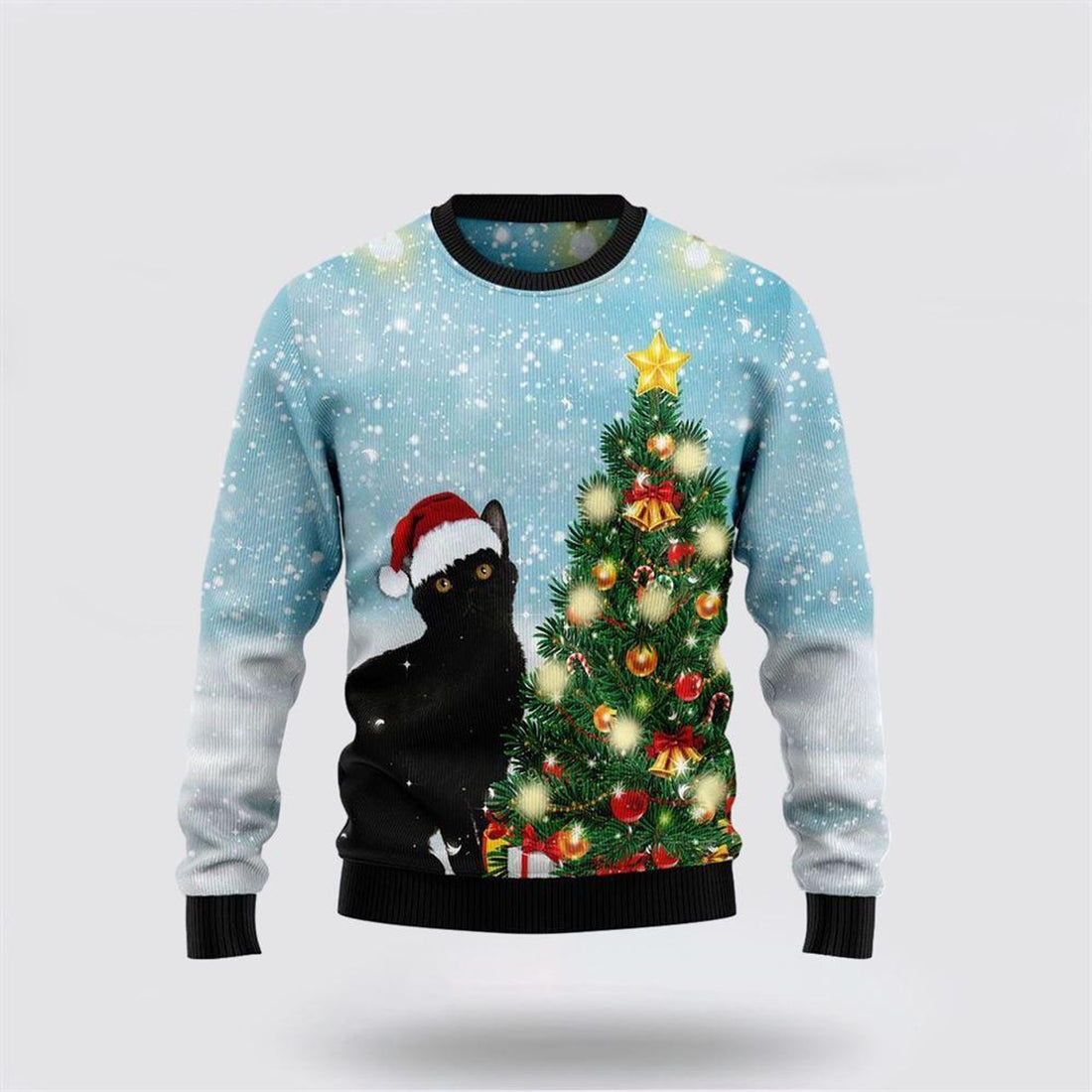 FUNSTUFFPRINT Black Cat Noel Tree Ugly Christmas Sweater – Cat Lover Christmas Sweater Ugly Sweater
