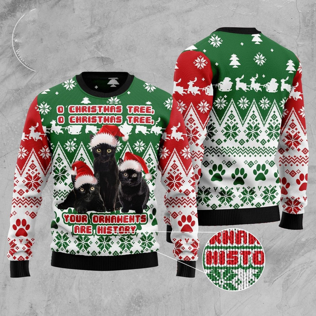 FUNSTUFFPRINT Black Cat Oh Christmas Tree Ugly Christmas Sweater, Christmas Cat Ugly Sweater, Ugly Cat Xmas Sweater Ugly Sweater