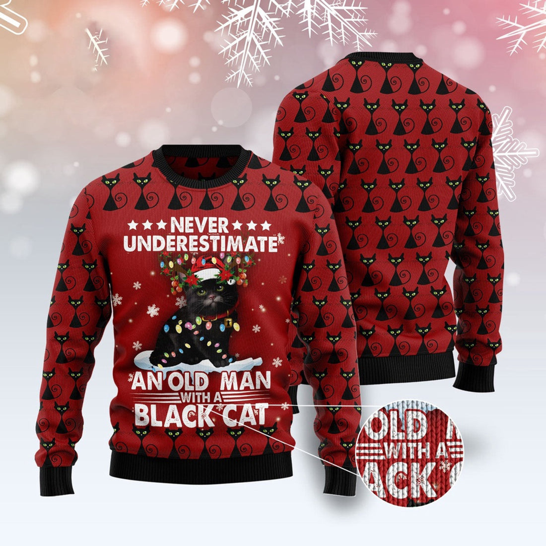 FUNSTUFFPRINT Black Cat Old Man Ugly Christmas Sweater, Christmas Cat Ugly Sweater, Ugly Cat Xmas Sweater Ugly Sweater