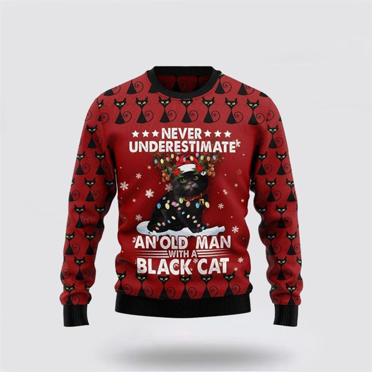 FUNSTUFFPRINT Black Cat Old Man Ugly Christmas Sweater For Men And Women, Best Gift For Christmas, Christmas Fashion Winter Ugly  Sweater