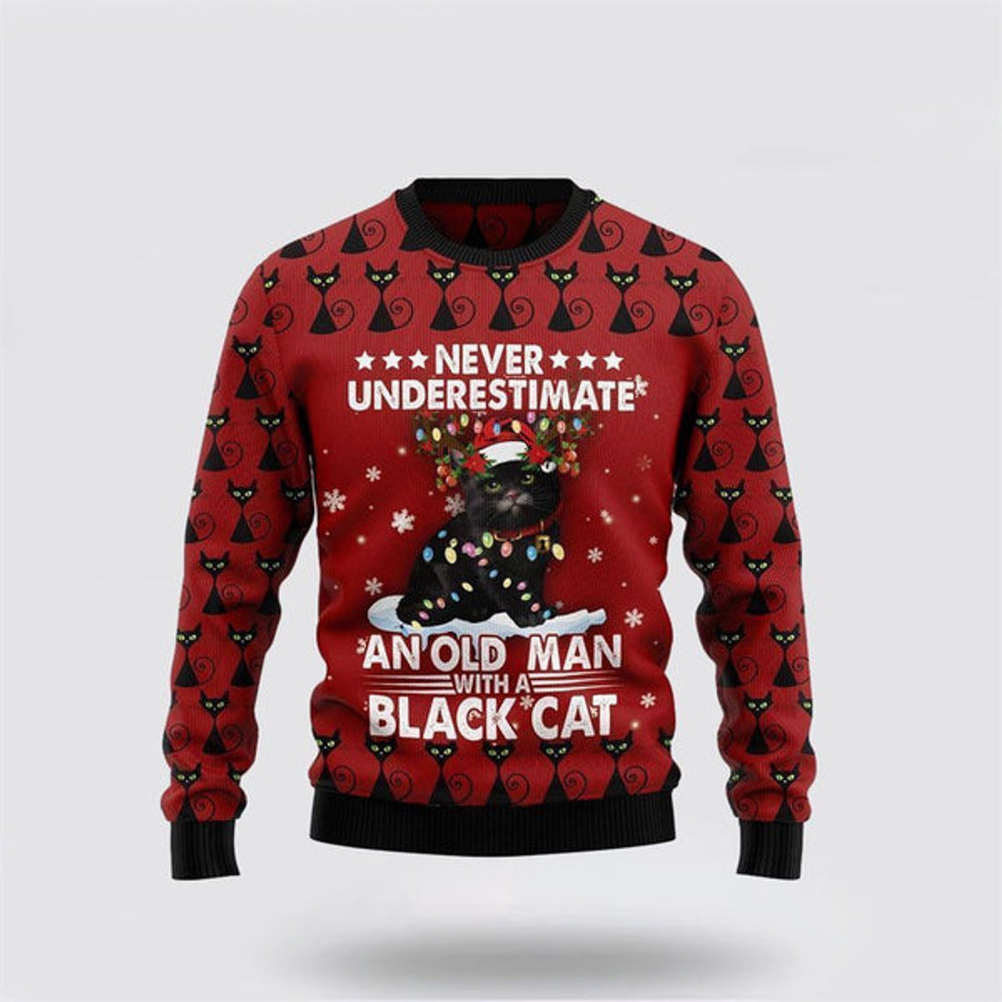 FUNSTUFFPRINT Black Cat Old Man Ugly Christmas Sweater For Men And Women, Best Gift For Christmas, Christmas Fashion Winter Ugly  Sweater