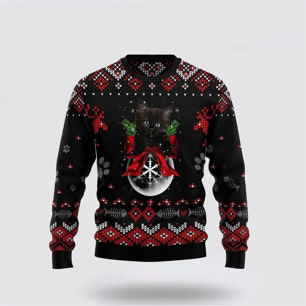 FUNSTUFFPRINT Black Cat Ornament Christmas Ugly Christmas Sweater – Cat Lover Christmas Sweater Ugly Sweater