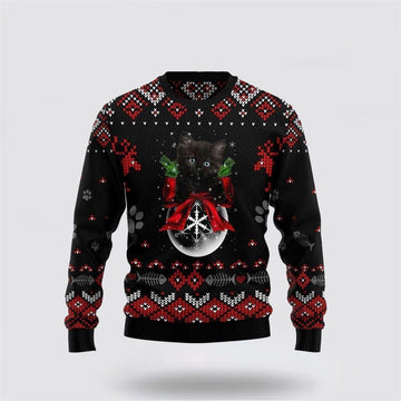FUNSTUFFPRINT Black Cat Ornament Christmas Ugly Christmas Sweater – Cat Lover Christmas Sweater Ugly Sweater