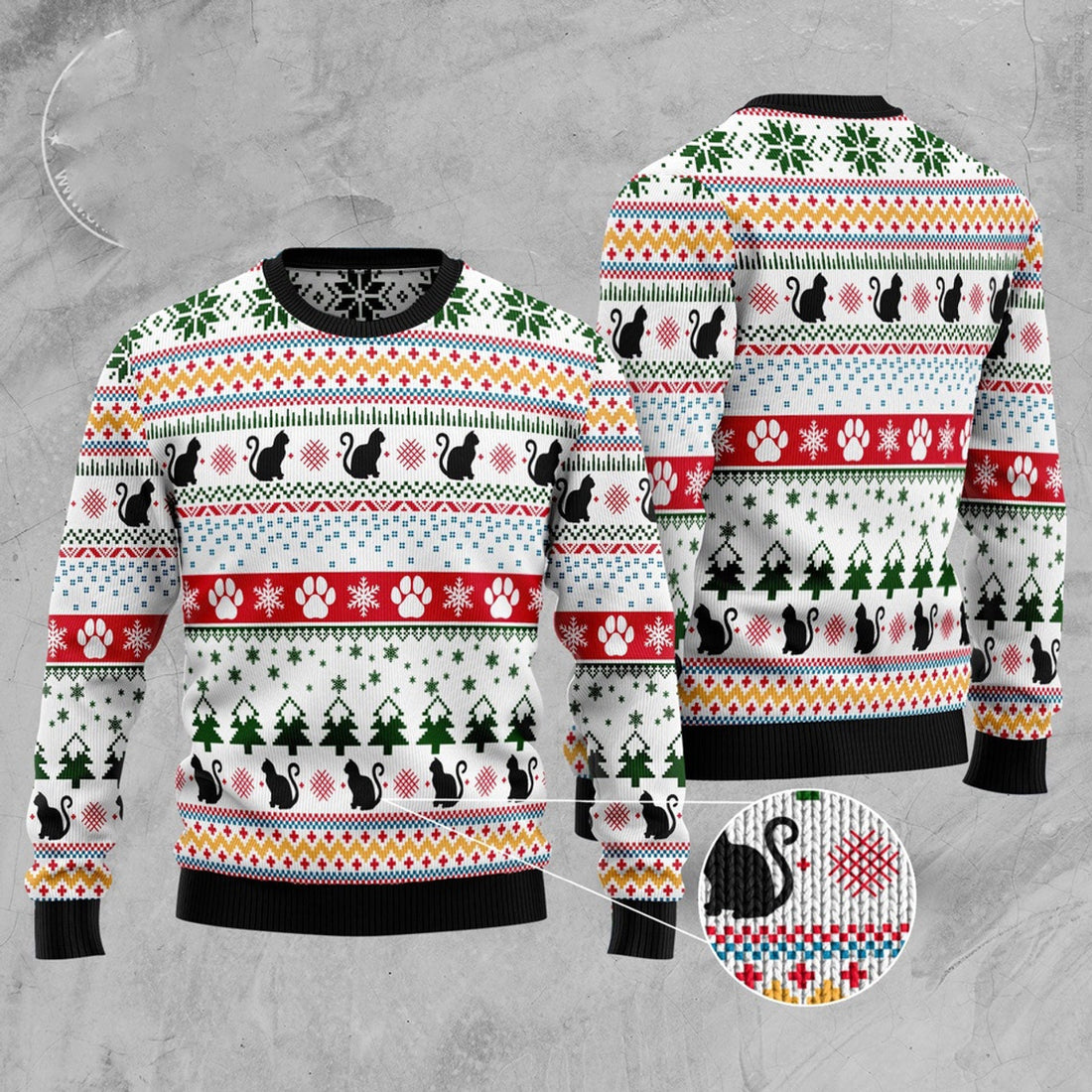 FUNSTUFFPRINT Black Cat Pattern Ugly Christmas Sweater, Christmas Cat Ugly Sweater, Ugly Cat Xmas Sweater Ugly Sweater