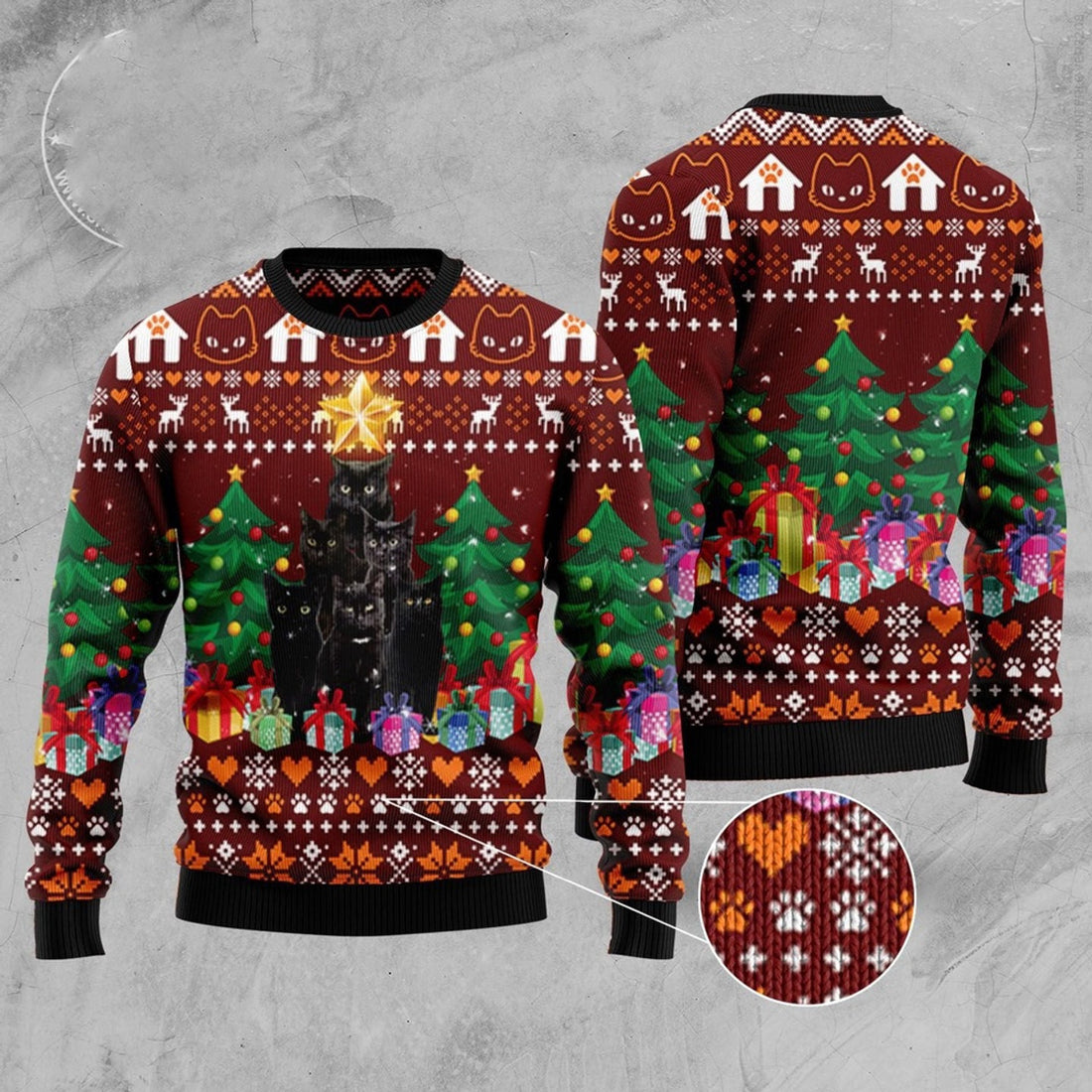 FUNSTUFFPRINT Black Cat Pine Tree Ugly Christmas Sweater, Christmas Cat Ugly Sweater, Ugly Cat Xmas Sweater Ugly Sweater