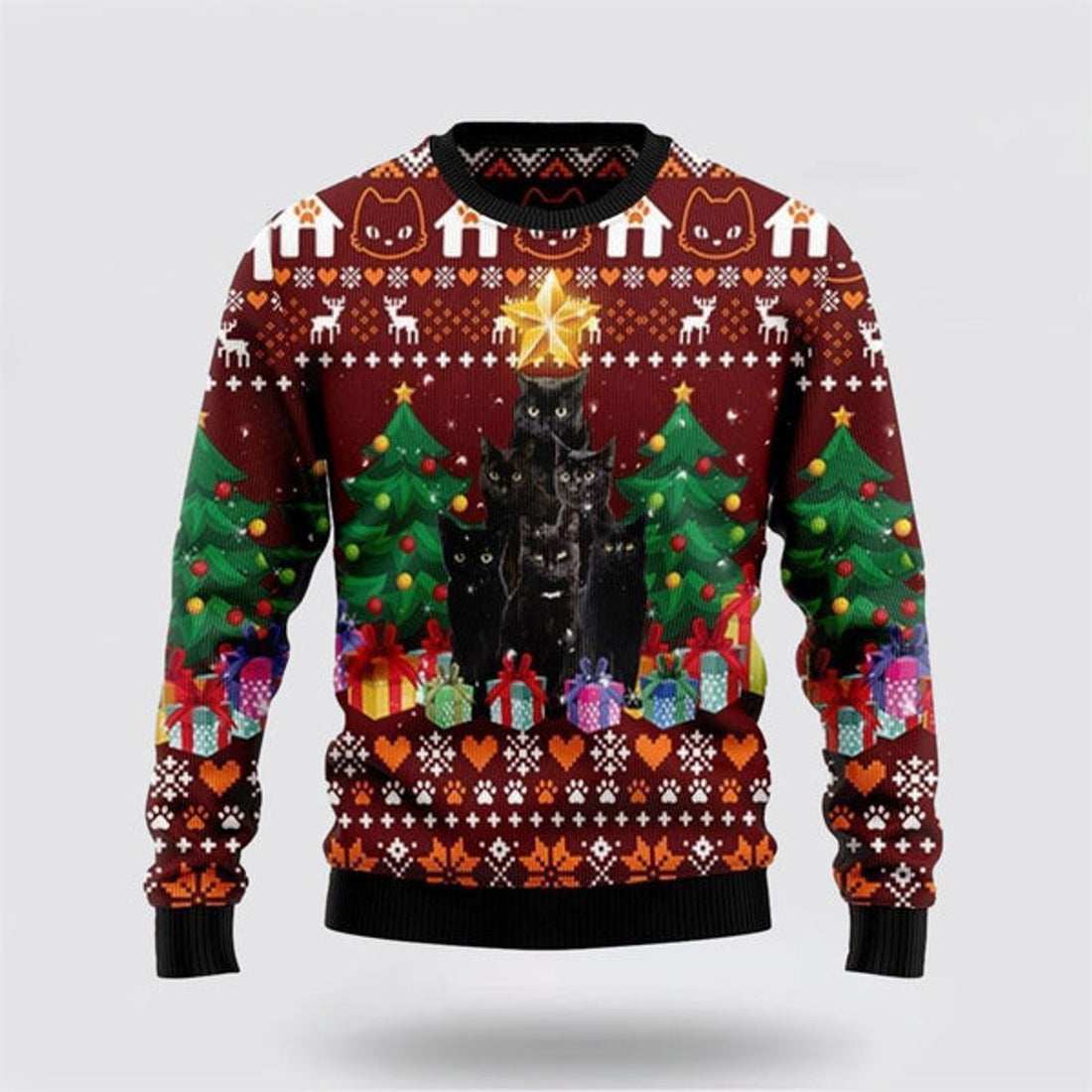 FUNSTUFFPRINT Black Cat Pine Tree Ugly Christmas Sweater For Men And Women, Best Gift For Christmas, Christmas Fashion Winter Ugly  Sweater