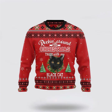 FUNSTUFFPRINT Black Cat Rockin Funny Family Ugly Christmas Sweater For Men And Women, Best Gift For Christmas, Christmas Fashion Winter Ugly  Sweater