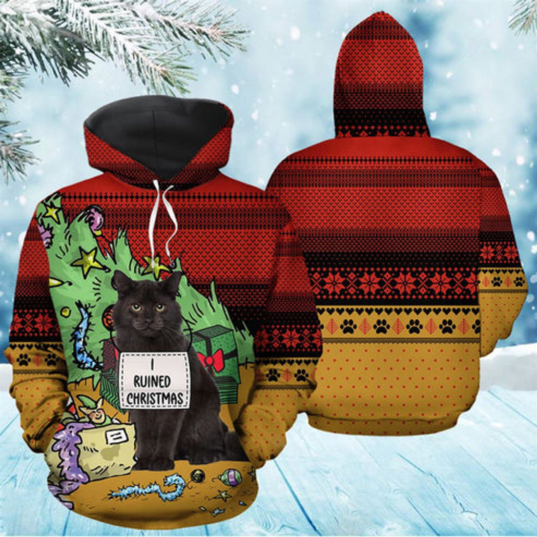 FUNSTUFFPRINT 3D Black Cat Ruined Christmas All Over 3D Hoodie and Zip Hoodie