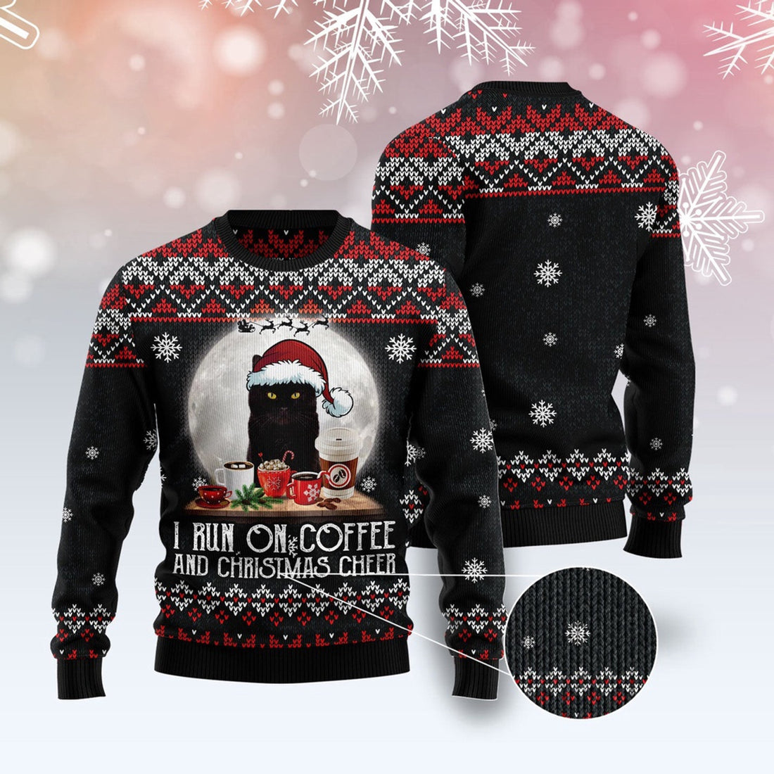 FUNSTUFFPRINT Black Cat Run On Coffee Ugly Christmas Sweater, Christmas Cat Ugly Sweater, Ugly Cat Xmas Sweater Ugly Sweater