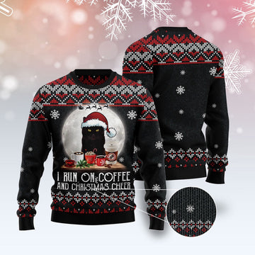 FUNSTUFFPRINT Black Cat Run On Coffee Ugly Christmas Sweater, Christmas Cat Ugly Sweater, Ugly Cat Xmas Sweater Ugly Sweater
