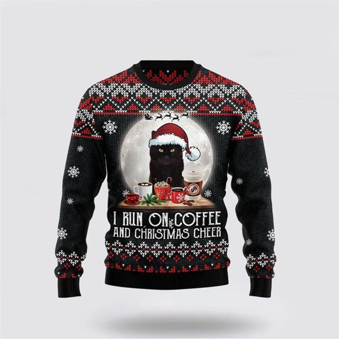 FUNSTUFFPRINT Black Cat Run On Coffee Ugly Christmas Sweater For Men And Women, Best Gift For Christmas, Christmas Fashion Winter Ugly  Sweater