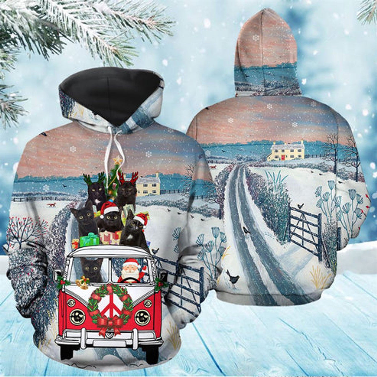 FUNSTUFFPRINT 3D Black Cat Santa Christmas All Over 3D Hoodie and Zip Hoodie