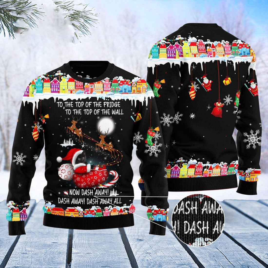 FUNSTUFFPRINT Black Cat Sleigh Christmas Ugly Christmas Sweater, Christmas Cat Ugly Sweater, Ugly Cat Xmas Sweater Ugly Sweater