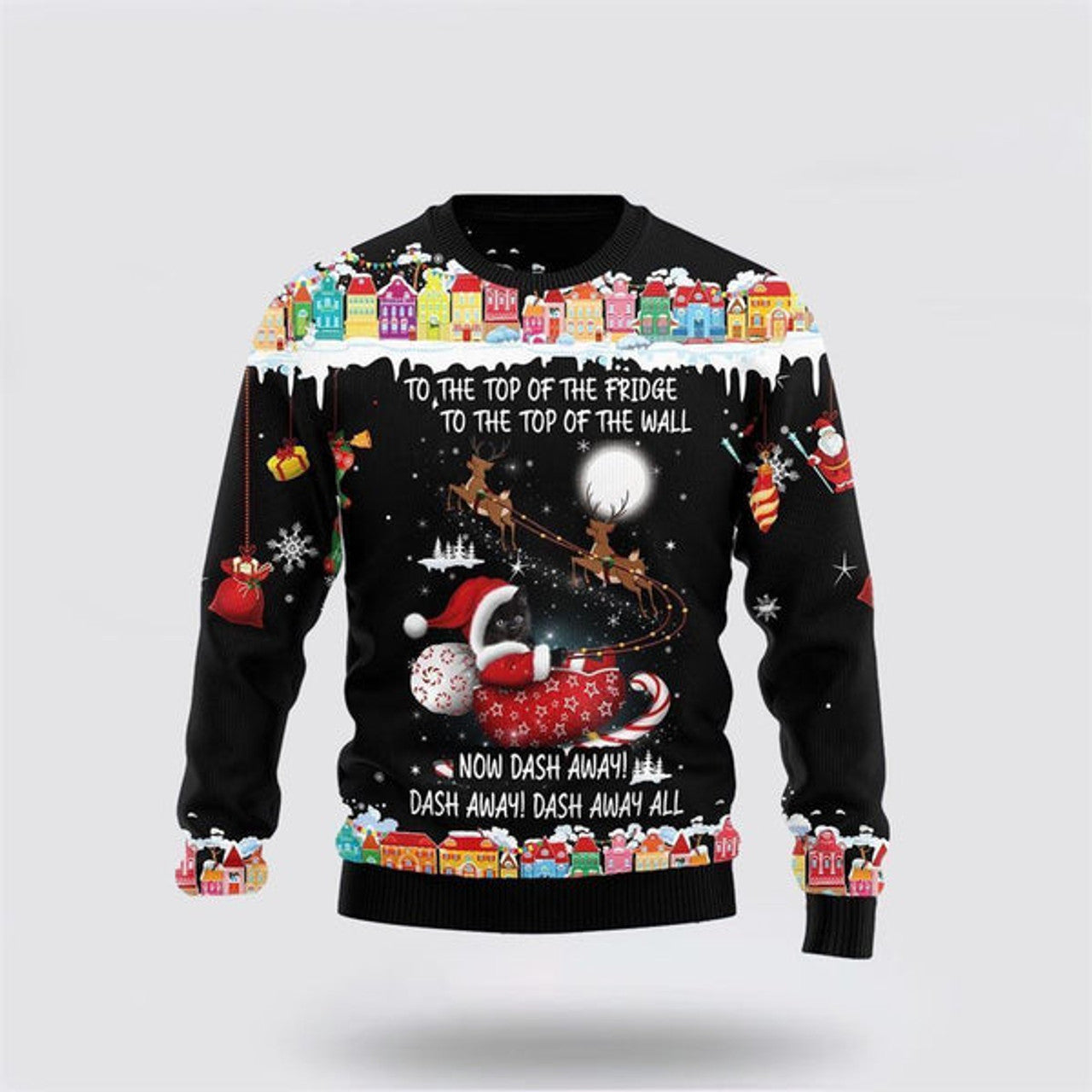 FUNSTUFFPRINT Black Cat Sleigh Christmas Ugly Christmas Sweater For Men And Women, Best Gift For Christmas, Christmas Fashion Winter Ugly  Sweater