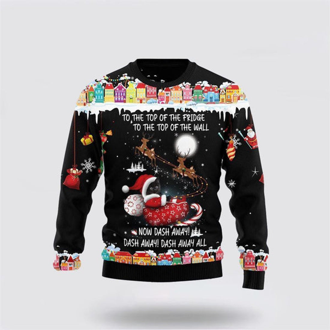 FUNSTUFFPRINT Black Cat Sleigh Christmas Ugly Christmas Sweater For Men And Women, Best Gift For Christmas, Christmas Fashion Winter Ugly  Sweater