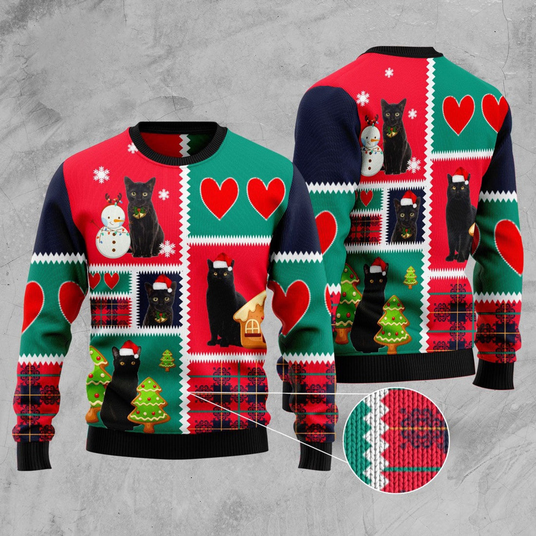 FUNSTUFFPRINT Black Cat Snow Ugly Christmas Sweater, Christmas Cat Ugly Sweater, Ugly Cat Xmas Sweater Ugly Sweater