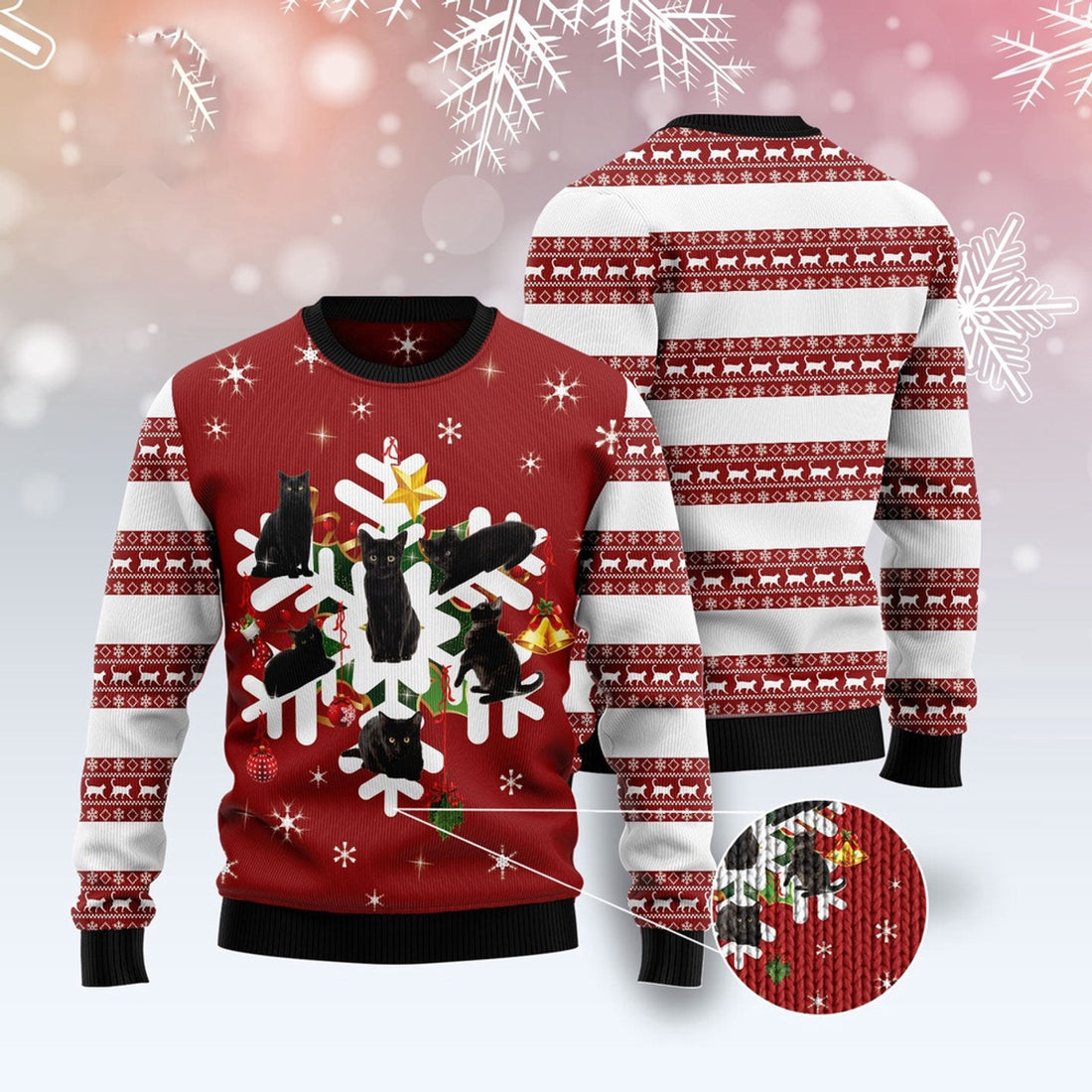 FUNSTUFFPRINT Black Cat Snowflake Ugly Christmas Sweater, Christmas Cat Ugly Sweater, Ugly Cat Xmas Sweater Ugly Sweater