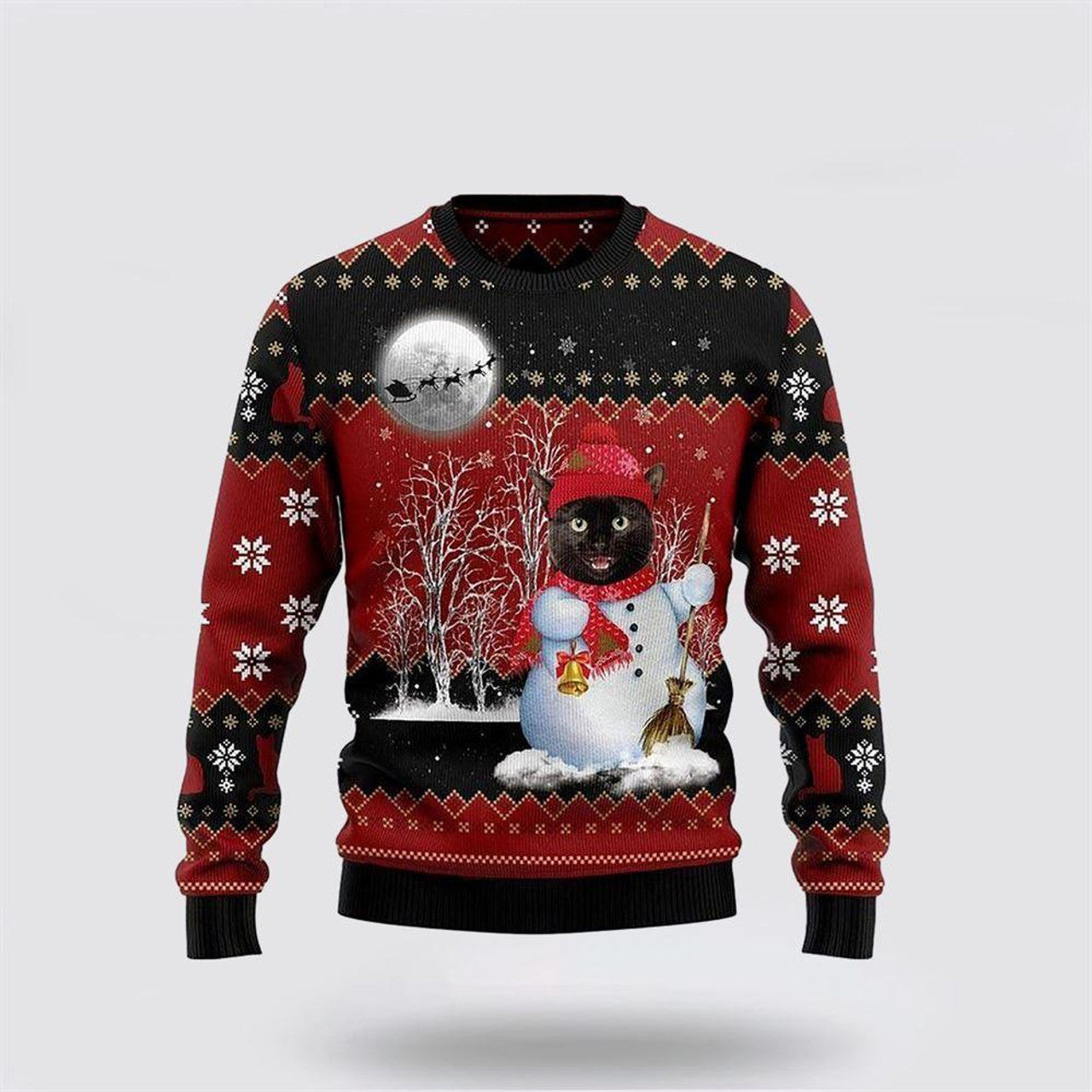 FUNSTUFFPRINT Black Cat Snowman Ugly Christmas Sweater – Cat Lover Christmas Sweater Ugly Sweater