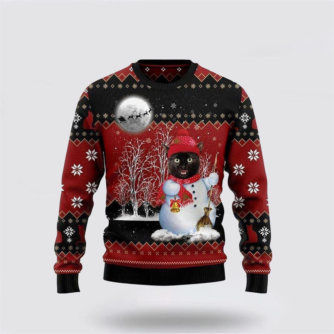 FUNSTUFFPRINT Black Cat Snowman Ugly Christmas Sweater – Cat Lover Christmas Sweater Ugly Sweater