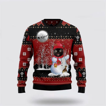 FUNSTUFFPRINT Black Cat Snowman Ugly Christmas Sweater – Cat Lover Christmas Sweater Ugly Sweater