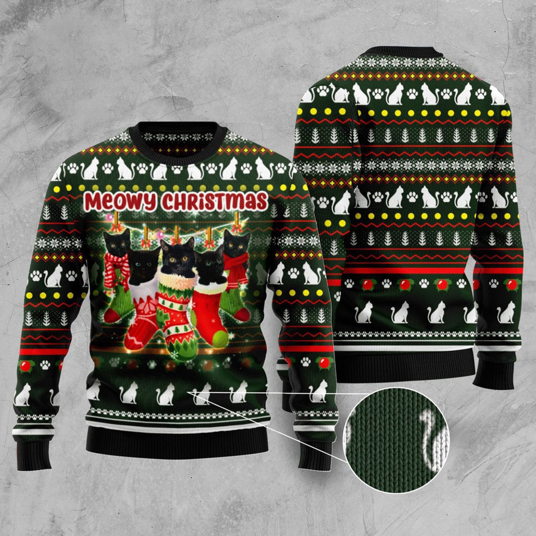 FUNSTUFFPRINT Black Cat Socks Ugly Christmas Sweater, Christmas Cat Ugly Sweater, Ugly Cat Xmas Sweater Ugly Sweater