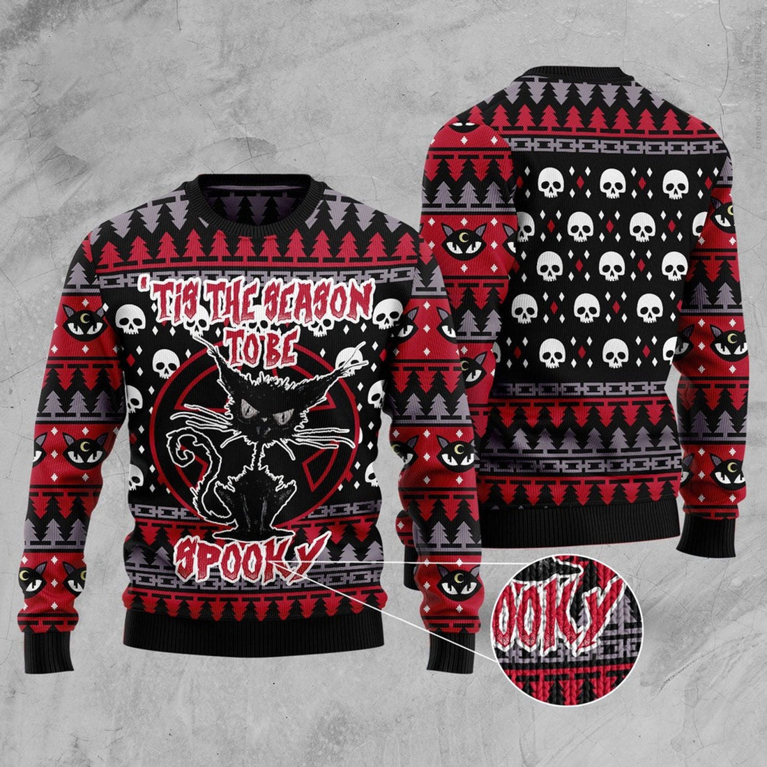 FUNSTUFFPRINT Black Cat Spooky Halloween Ugly Christmas Sweater, Christmas Cat Ugly Sweater, Ugly Cat Xmas Sweater Ugly Sweater