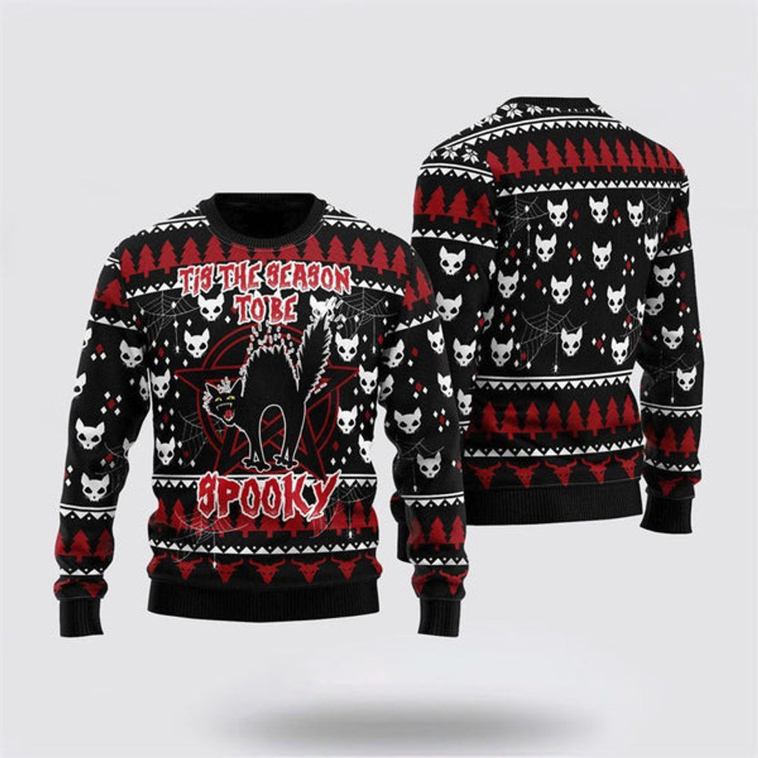 FUNSTUFFPRINT Black Cat Spooky Halloween Ugly Christmas Sweater For Men And Women, Best Gift For Christmas, Christmas Fashion Winter Ugly  Sweater