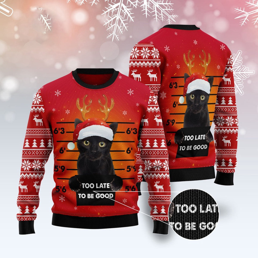 FUNSTUFFPRINT Black Cat Too Late To Be Good Ugly Christmas Sweater, Christmas Cat Ugly Sweater, Ugly Cat Xmas Sweater Ugly Sweater