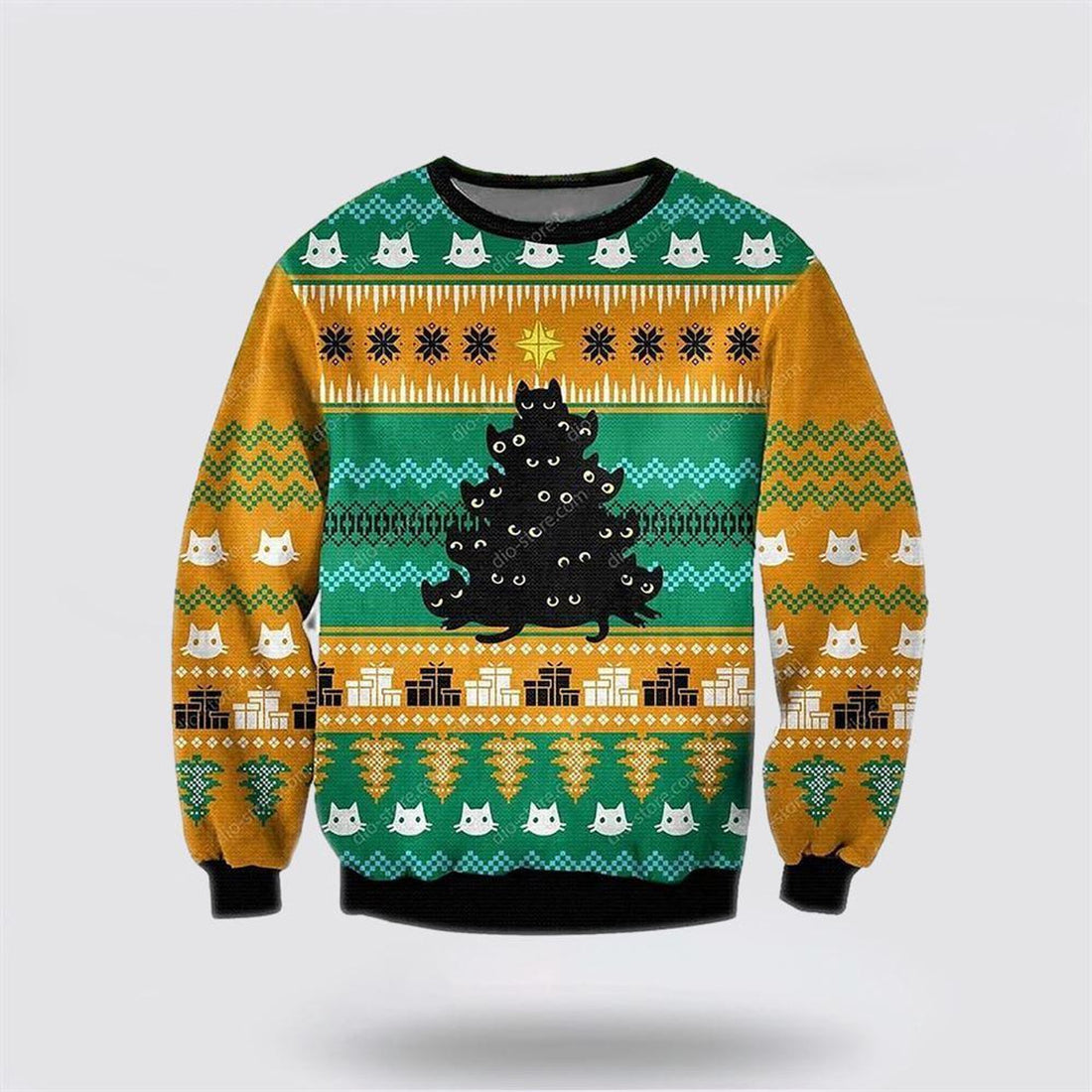 FUNSTUFFPRINT Black Cat Tree Meowy Ugly Christmas Orange Sweater – Cat Lover Christmas Sweater Ugly Sweater