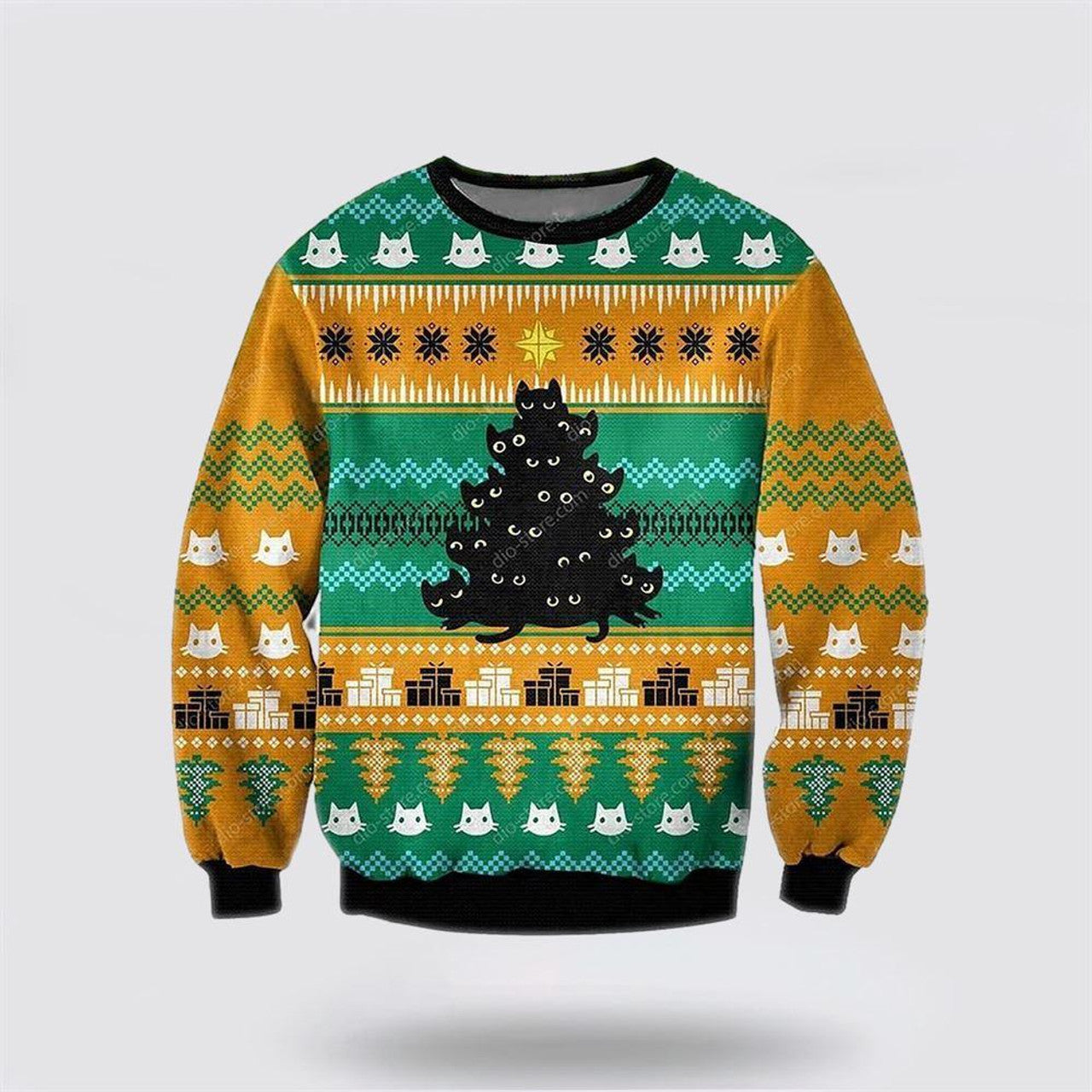 FUNSTUFFPRINT Black Cat Tree Meowy Ugly Christmas Orange Sweater – Cat Lover Christmas Sweater Ugly Sweater