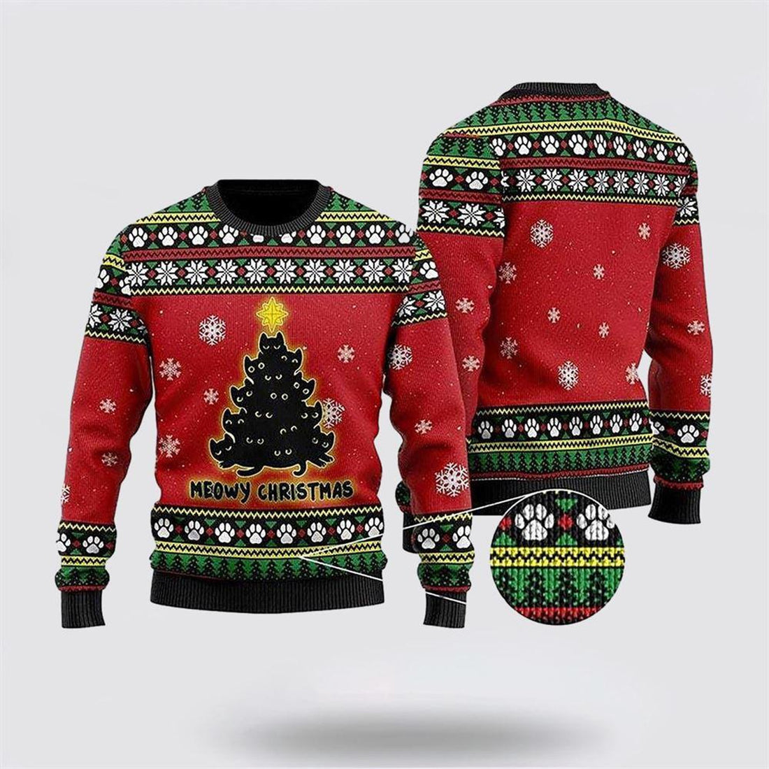 FUNSTUFFPRINT Black Cat Tree Meowy Ugly Christmas red Sweater – Cat Lover Christmas Sweater Ugly Sweater