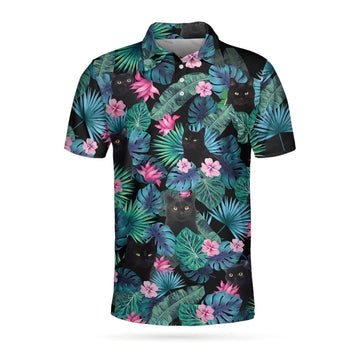 Men Polo Shirt - Black Cat Tropical Short Sleeve Polo Shirt, Cute Floral Polo Shirt, Best Golf Shirt For Men