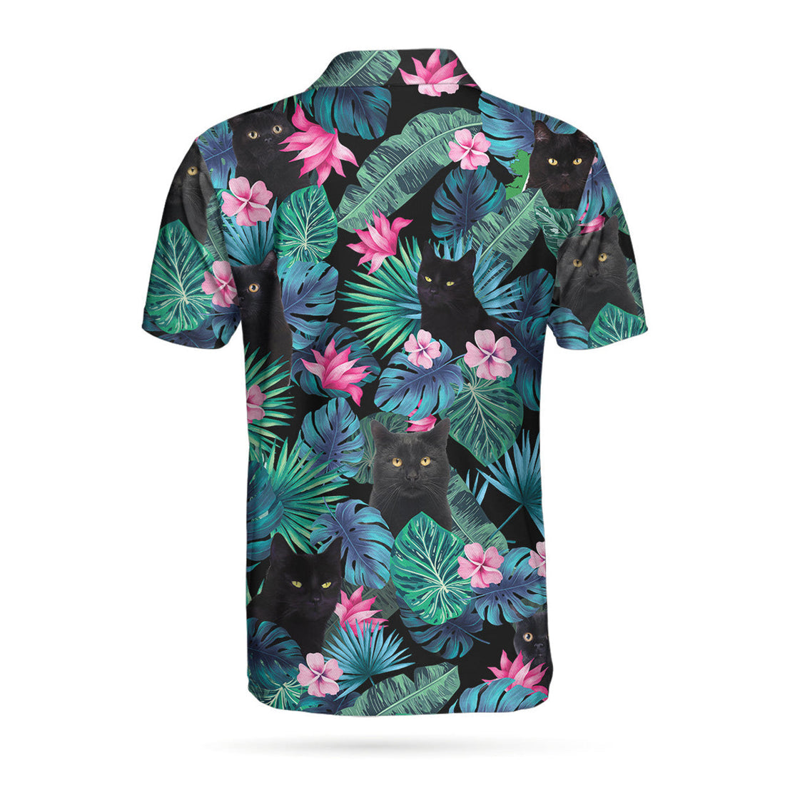 Men Polo Shirt - Black Cat Tropical Short Sleeve Polo Shirt, Cute Floral Polo Shirt, Best Golf Shirt For Men