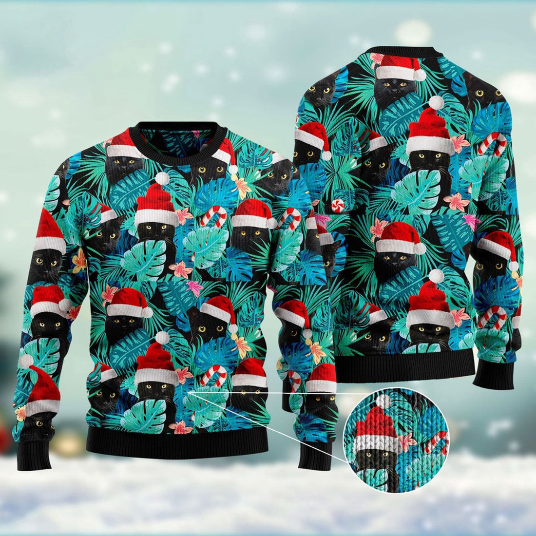 FUNSTUFFPRINT Black Cat Ugly Christmas Sweater, Christmas Cat Ugly Sweater, Ugly Cat Xmas Sweater Ugly Sweater
