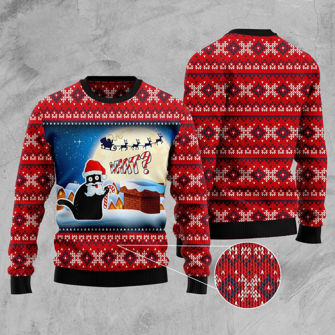FUNSTUFFPRINT Black Cat What Ugly Christmas Sweater, Christmas Cat Ugly Sweater, Ugly Cat Xmas Sweater Ugly Sweater