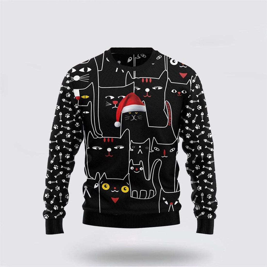 FUNSTUFFPRINT Black Cat With Noel Hat Ugly Christmas Sweater – Cat Lover Christmas Sweater Ugly Sweater
