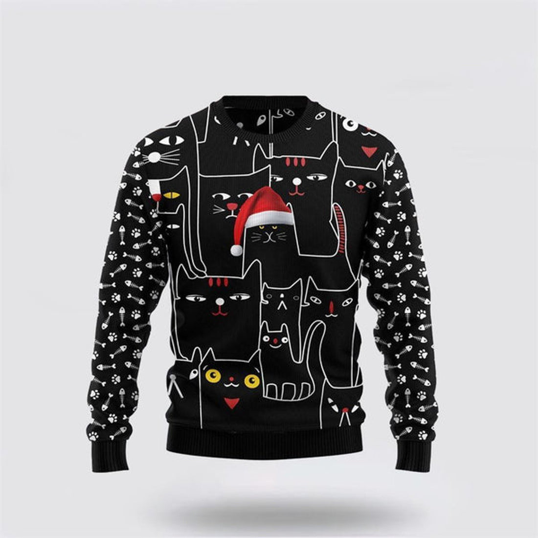 FUNSTUFFPRINT Black Cat With Noel Hat Ugly Christmas Sweater For Men And Women, Best Gift For Christmas, Christmas Fashion Winter Ugly  Sweater